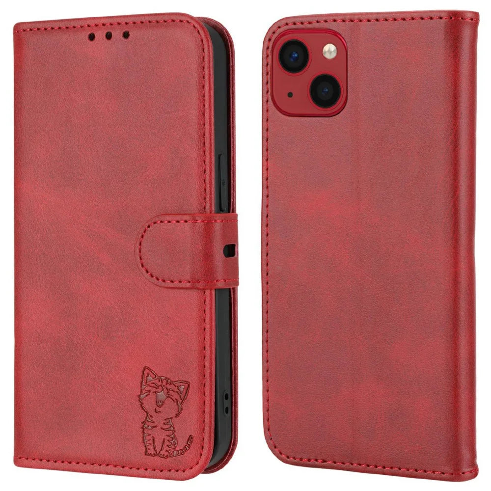 Happy Cat Pattern Imprinted Phone Case for iPhone 14 6.1 inch, Full Protection PU Leather Cover with Wallet Stand - Red - 1