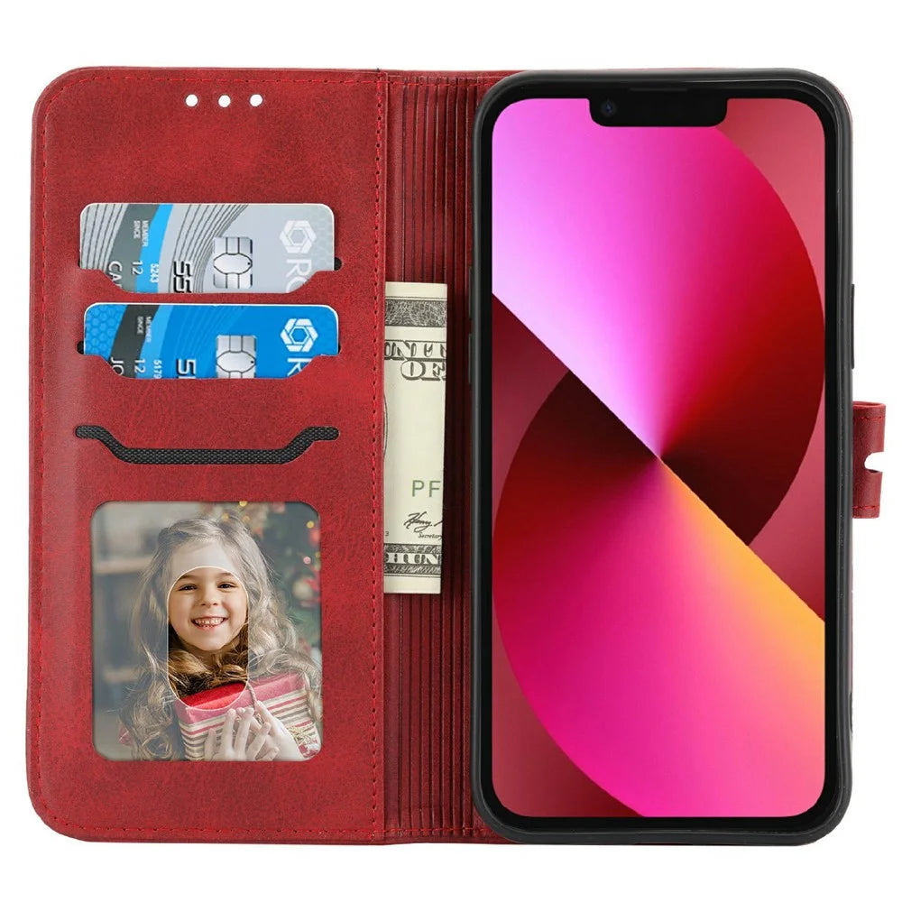 Happy Cat Pattern Imprinted Phone Case for iPhone 14 6.1 inch, Full Protection PU Leather Cover with Wallet Stand - Red - 2