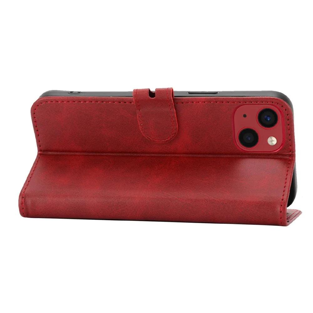 Happy Cat Pattern Imprinted Phone Case for iPhone 14 6.1 inch, Full Protection PU Leather Cover with Wallet Stand - Red - 4