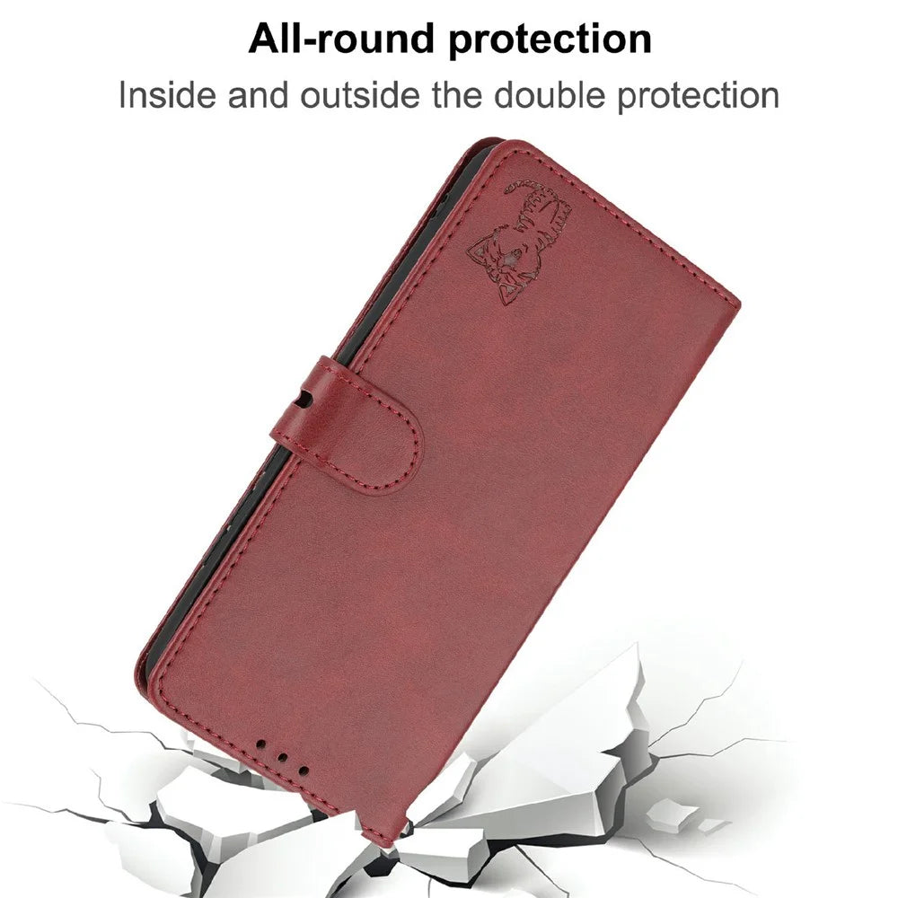 Happy Cat Pattern Imprinted Phone Case for iPhone 14 6.1 inch, Full Protection PU Leather Cover with Wallet Stand - Red - 7