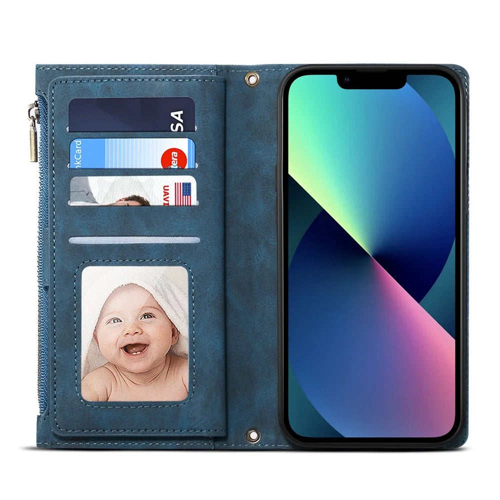 Star Series For iPhone 14 6.1 inch Phone Wallet Cover Multi-functional Zipper Pocket Shockproof Cell Phone Case - Blue - 2