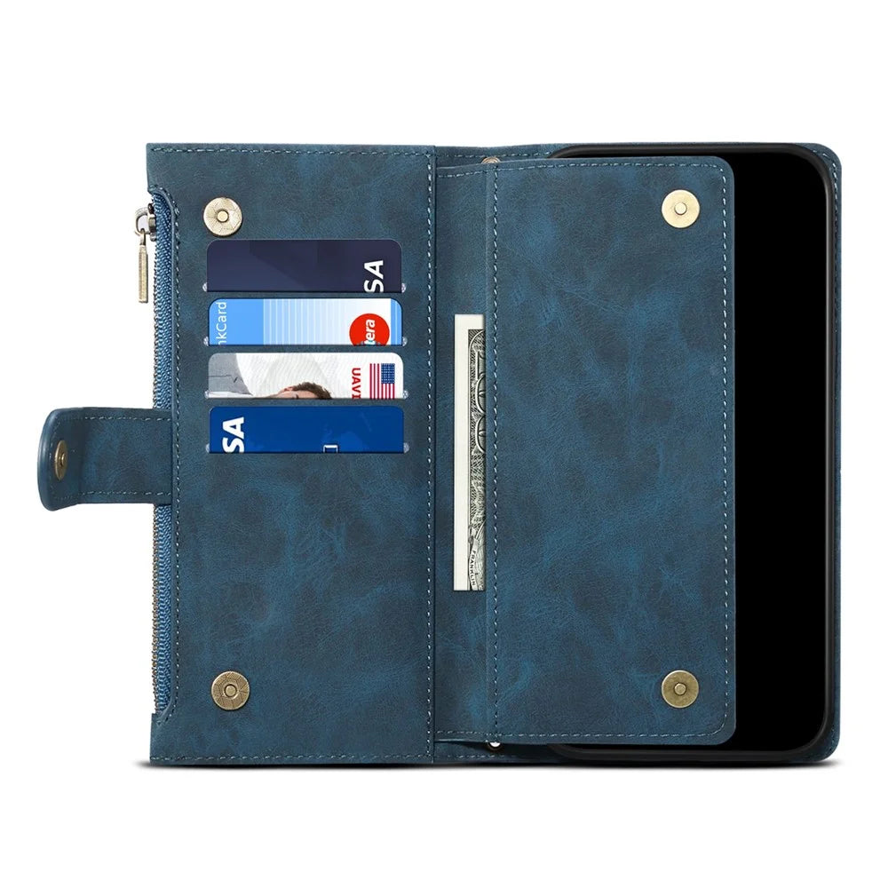 Star Series For iPhone 14 6.1 inch Phone Wallet Cover Multi-functional Zipper Pocket Shockproof Cell Phone Case - Blue - 4