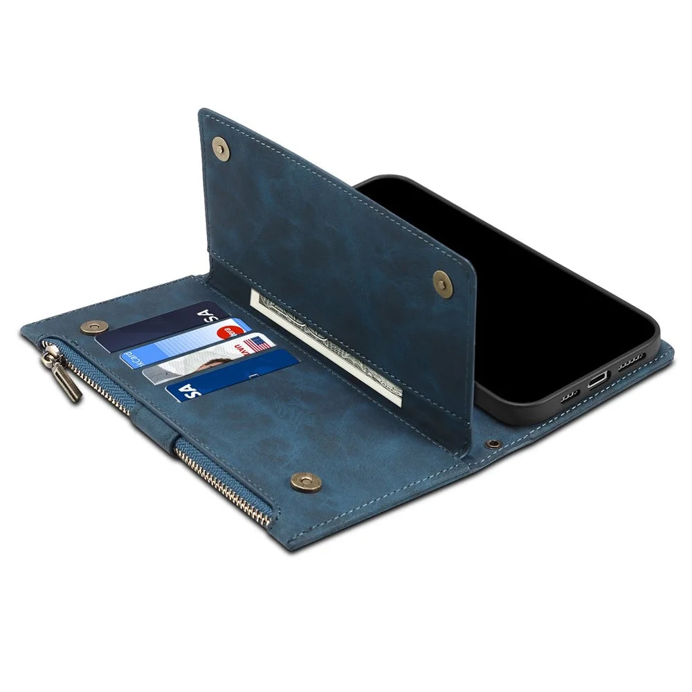 Star Series For iPhone 14 6.1 inch Phone Wallet Cover Multi-functional Zipper Pocket Shockproof Cell Phone Case - Blue - 6