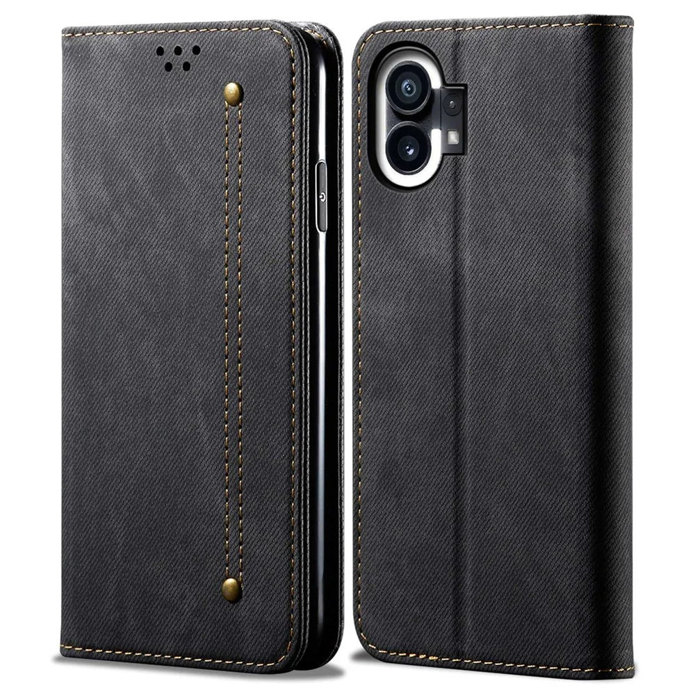 For Nothing phone (1) 5G Jeans Cloth Texture PU Leather Stand Case Magnetic Auto-Closing Full Protection Phone Wallet Shell - Black - 1