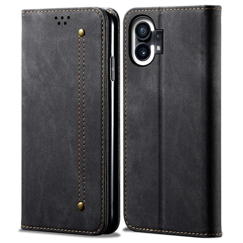 For Nothing phone (1) 5G Jeans Cloth Texture PU Leather Stand Case Magnetic Auto-Closing Full Protection Phone Wallet Shell - Black - 1