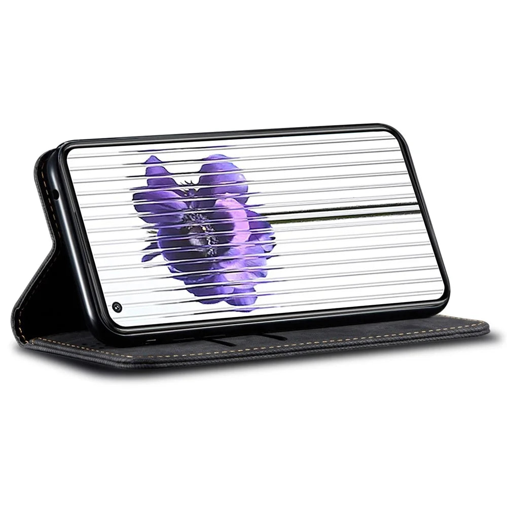 For Nothing phone (1) 5G Jeans Cloth Texture PU Leather Stand Case Magnetic Auto-Closing Full Protection Phone Wallet Shell - Black - 2