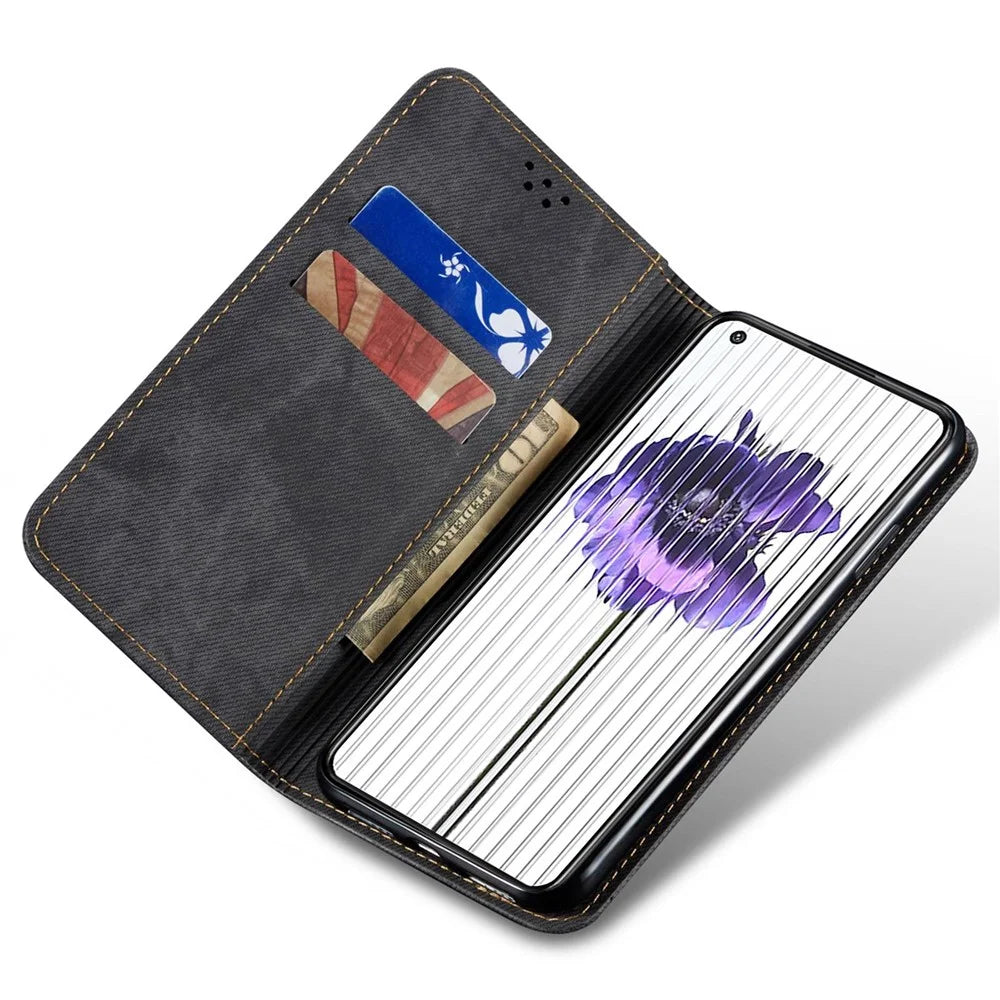 For Nothing phone (1) 5G Jeans Cloth Texture PU Leather Stand Case Magnetic Auto-Closing Full Protection Phone Wallet Shell - Black - 3