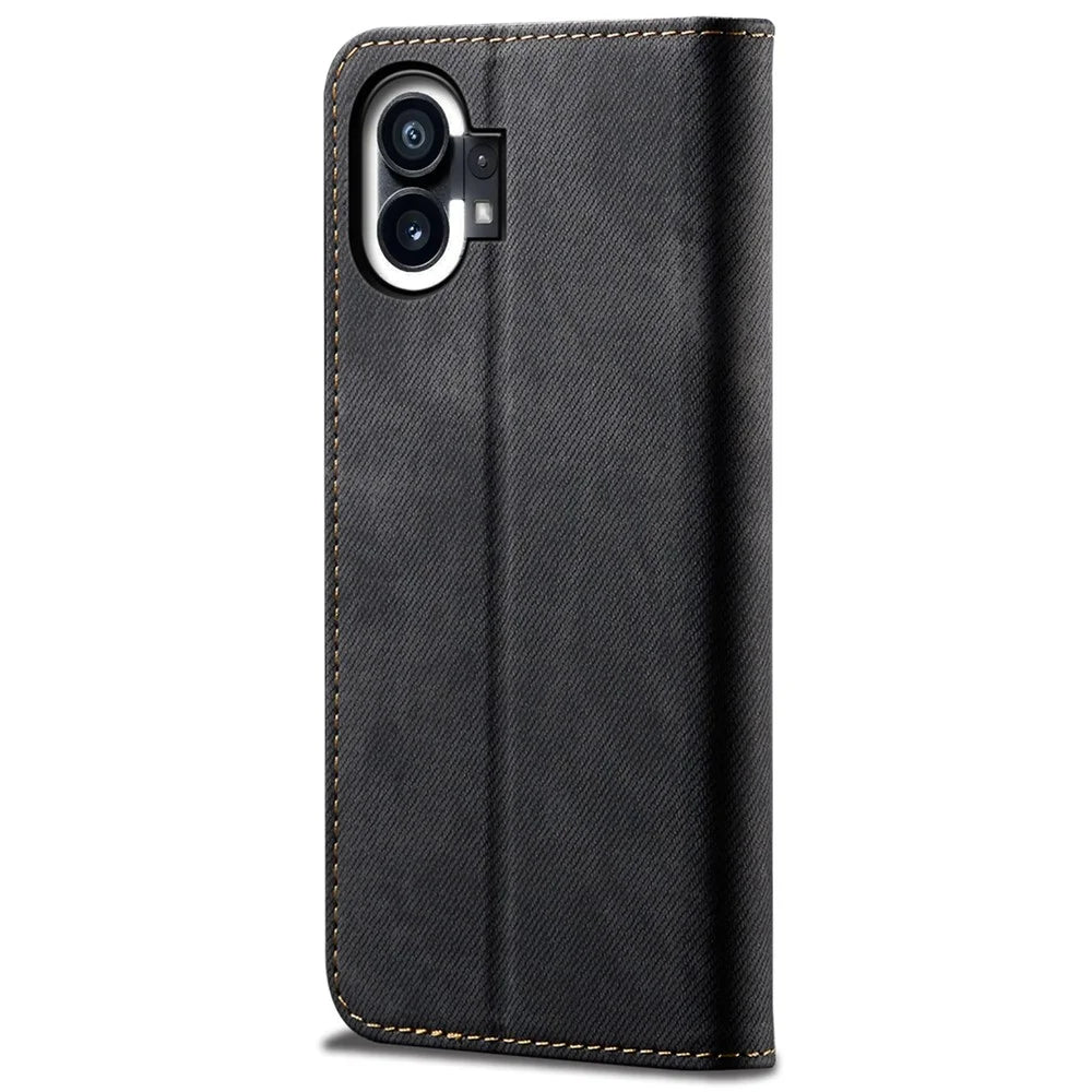For Nothing phone (1) 5G Jeans Cloth Texture PU Leather Stand Case Magnetic Auto-Closing Full Protection Phone Wallet Shell - Black - 6