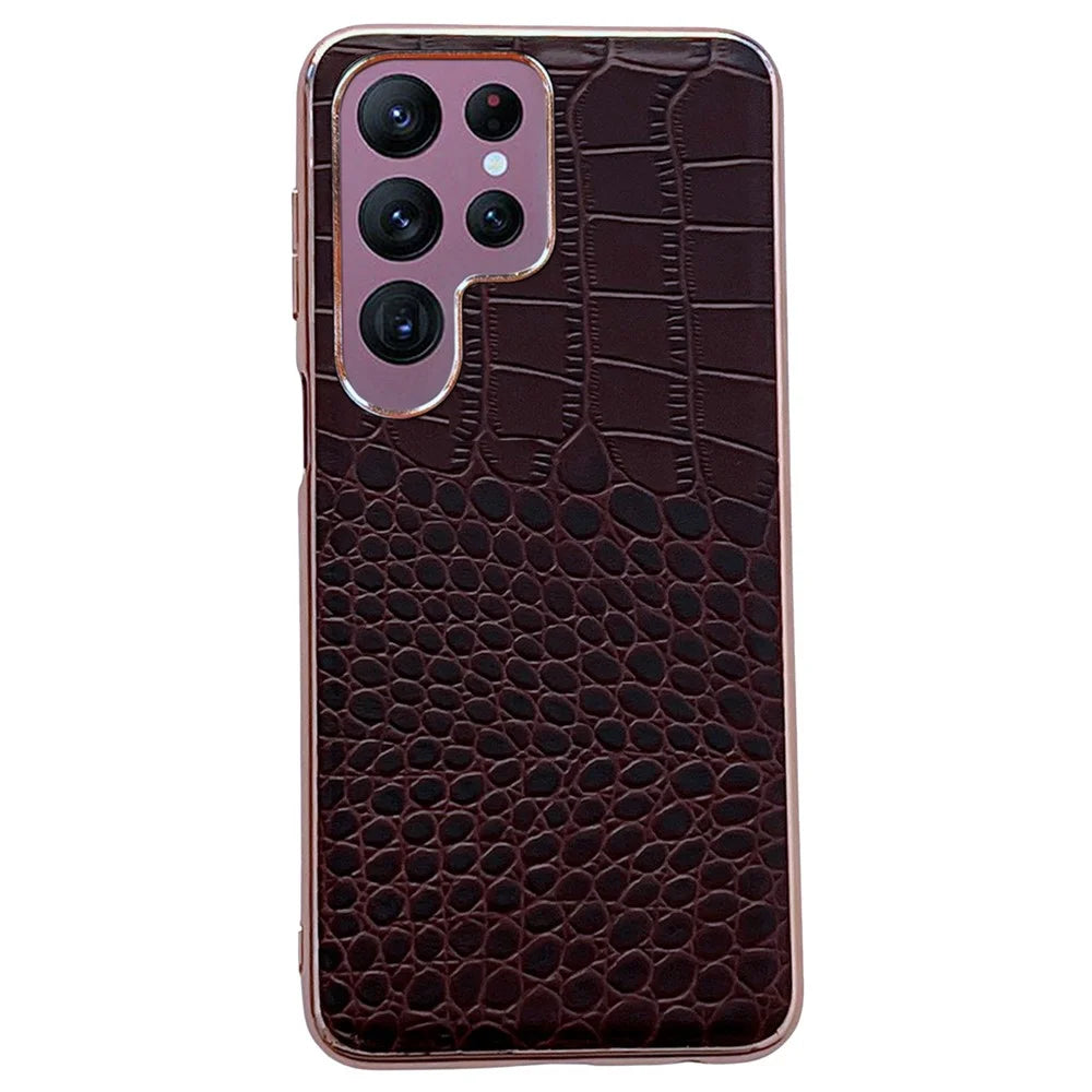 For Samsung Galaxy S22 Ultra 5G Gold Crocodile Series Phone Case Genuine Cowhide Leather Coated TPU+PC Phone Cover -  Coffee - 1