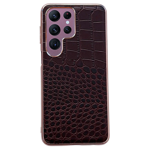 For Samsung Galaxy S22 Ultra 5G Gold Crocodile Series Phone Case Genuine Cowhide Leather Coated TPU+PC Phone Cover -  Coffee - 1
