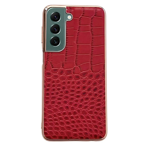 Gold Crocodile Series Anti-dust Phone Case for Samsung Galaxy S22+ 5G, Genuine Cowhide Leather Hybrid Phone Cover - Red - 1