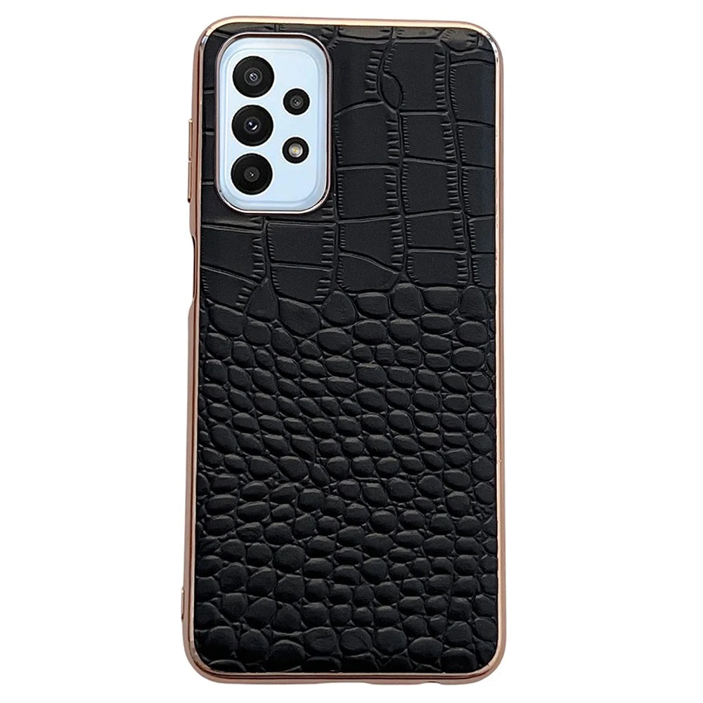 Gold Crocodile Series Phone Case for Samsung Galaxy A53 5G, TPU+PC+Genuine Cowhide Leather Cover - Black - 1
