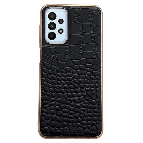 Gold Crocodile Series for Samsung Galaxy A73 5G Genuine Cowhide Leather Coated TPU+PC Case Electroplating Phone Cover - Black - 1