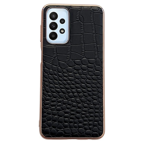 Gold Crocodile Series Electroplating Phone Case for Samsung Galaxy A13 4G, Genuine Cowhide Leather+TPU+PC Shell - Black - 1