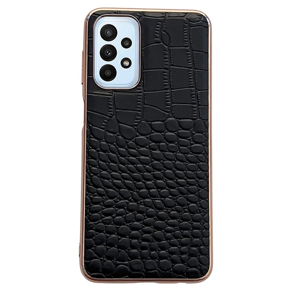 Gold Crocodile Series Electroplating Phone Case for Samsung Galaxy A13 4G, Genuine Cowhide Leather+TPU+PC Shell - Black - 1