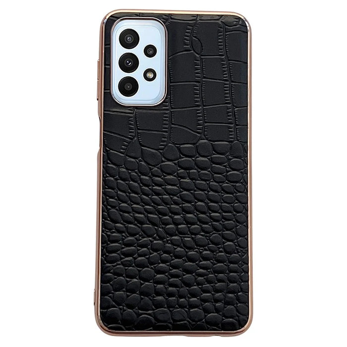 Gold Crocodile Series Electroplating Phone Case for Samsung Galaxy A13 4G, Genuine Cowhide Leather+TPU+PC Shell - Black - 1