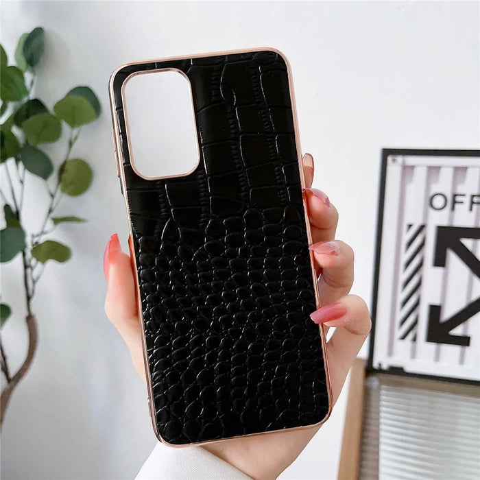 Gold Crocodile Series Electroplating Phone Case for Samsung Galaxy A13 4G, Genuine Cowhide Leather+TPU+PC Shell - Black - 2