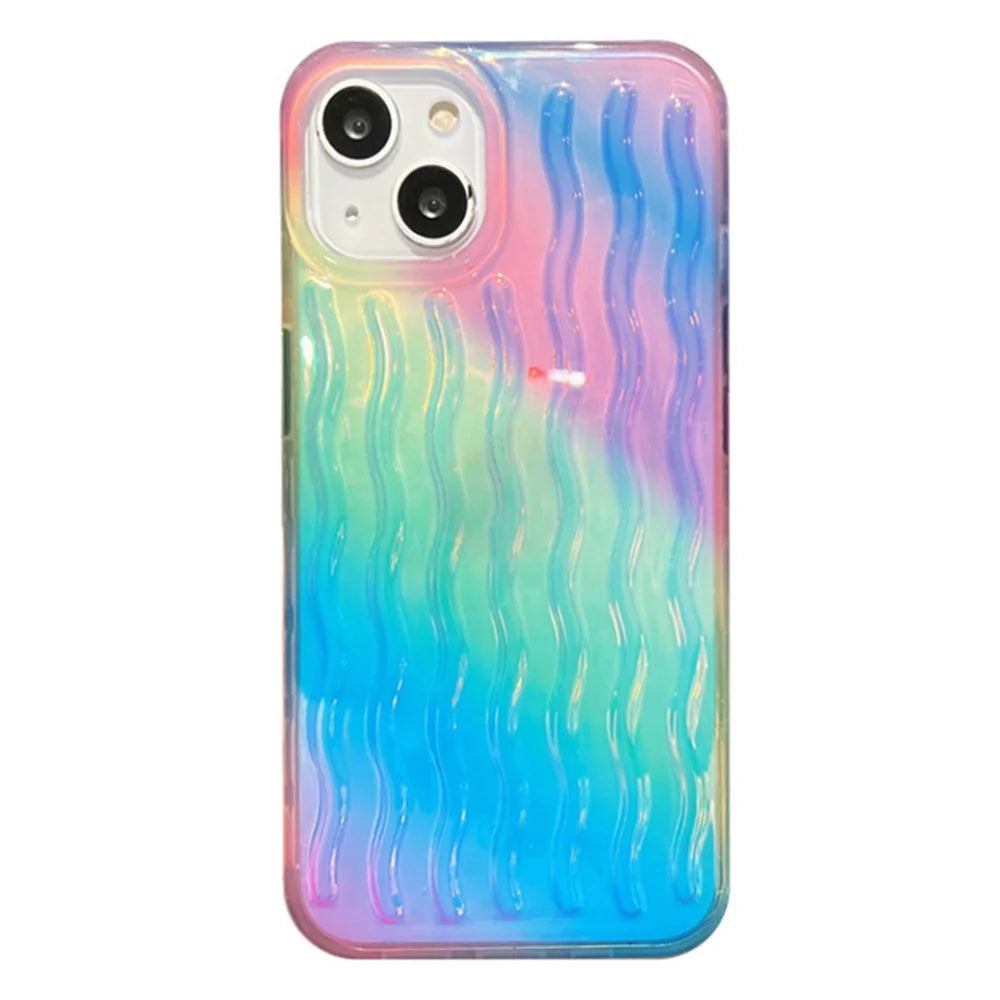 For iPhone 14 Plus Anti-scratch Hard PC + TPU Phone Cover Wave Texture Phone Case - Gradient Green / Pink / Purple - 1