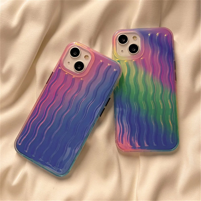 For iPhone 14 Plus Anti-scratch Hard PC + TPU Phone Cover Wave Texture Phone Case - Gradient Green / Pink / Purple - 6