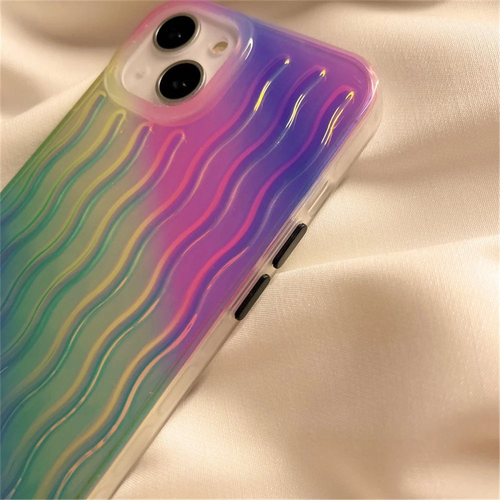 Cell Phone Case for iPhone 14 6.1 inch, Wave Texture Gradient Color Anti-scratch PC + TPU Phone Cover - Gradient Green / Pink / Purple - 5