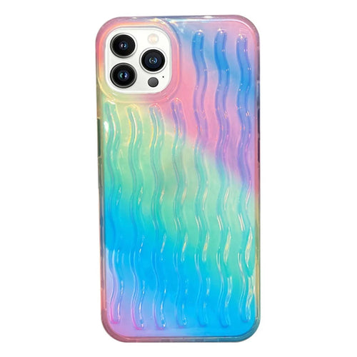 For iPhone 14 Pro Max 6.7 inch Phone Case Wave Texture Gradient Color Shockproof PC + TPU Cover - Gradient Green / Pink / Purple - 1