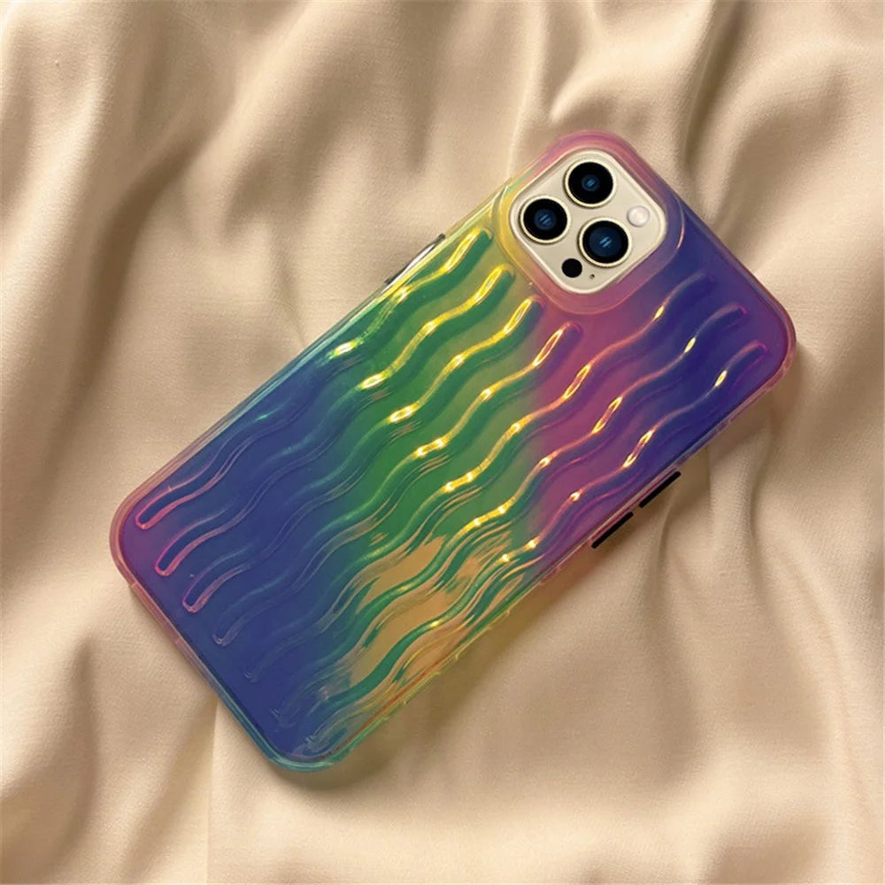 For iPhone 14 Pro Max 6.7 inch Phone Case Wave Texture Gradient Color Shockproof PC + TPU Cover - Gradient Green / Pink / Purple - 2