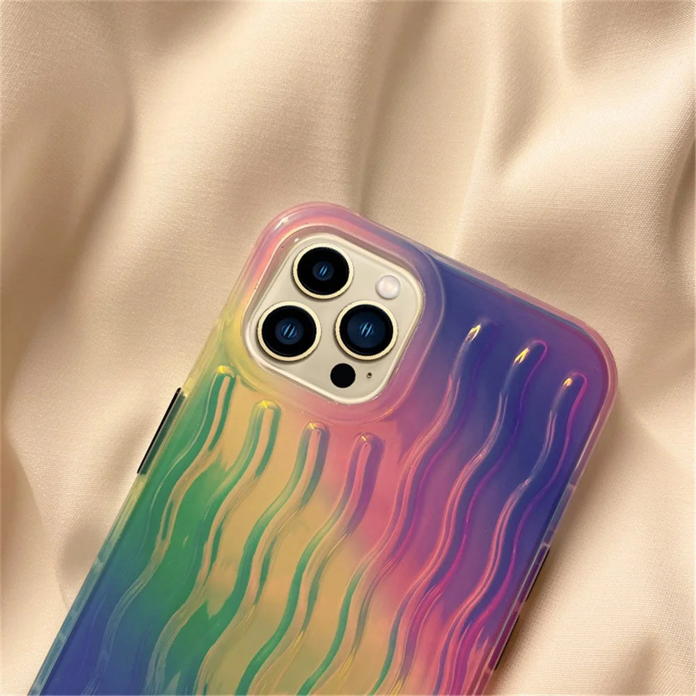 For iPhone 14 Pro Max 6.7 inch Phone Case Wave Texture Gradient Color Shockproof PC + TPU Cover - Gradient Green / Pink / Purple - 3
