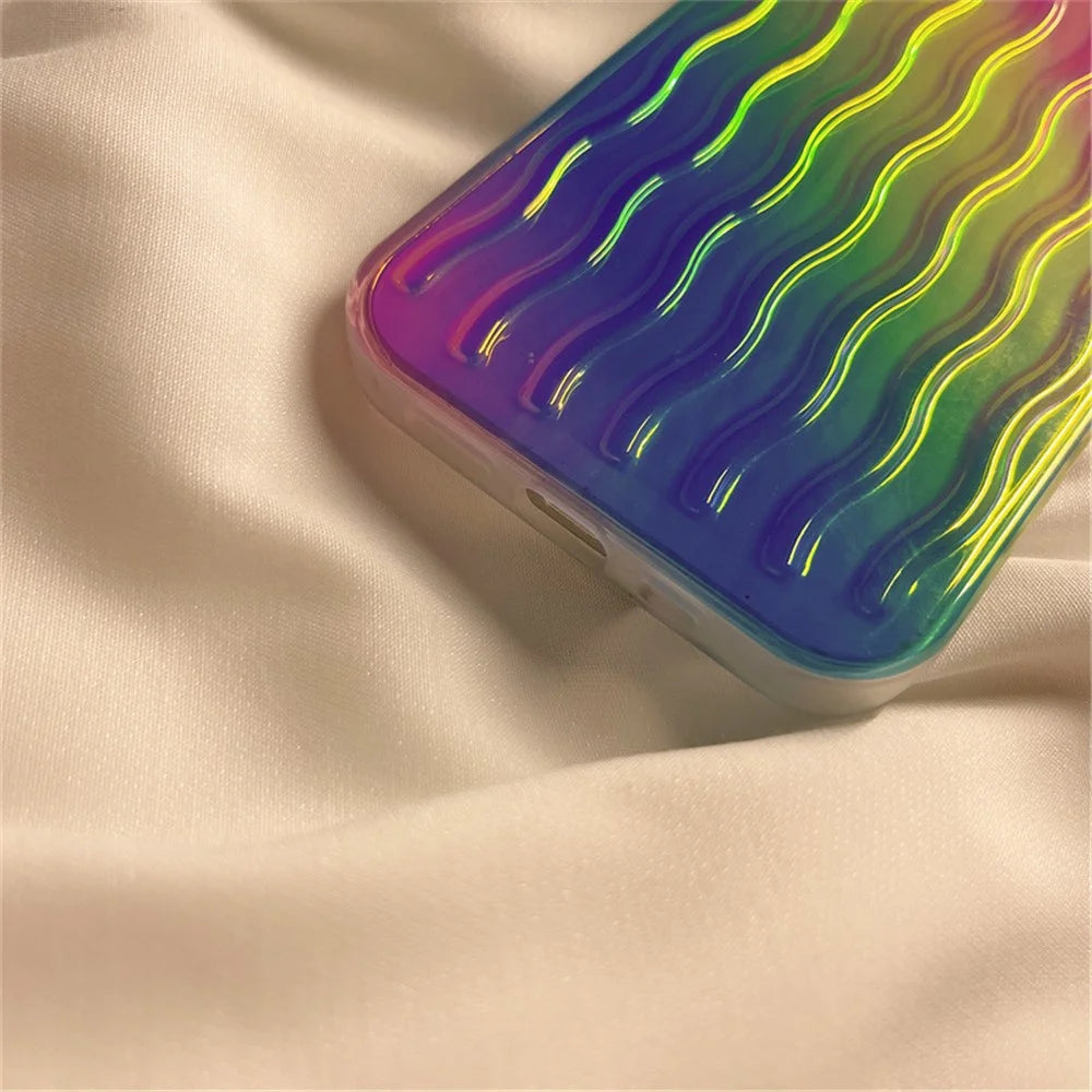 For iPhone 14 Pro Max 6.7 inch Phone Case Wave Texture Gradient Color Shockproof PC + TPU Cover - Gradient Green / Pink / Purple - 4