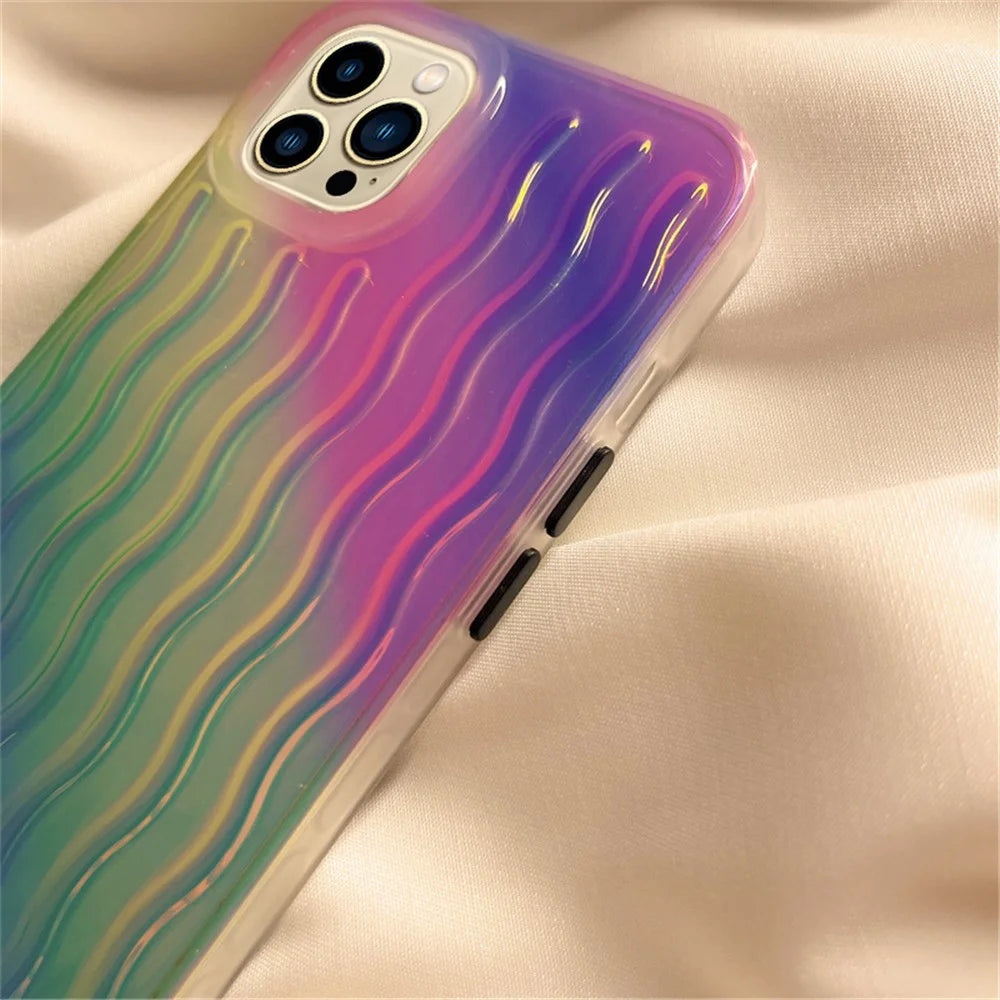 For iPhone 14 Pro Max 6.7 inch Phone Case Wave Texture Gradient Color Shockproof PC + TPU Cover - Gradient Green / Pink / Purple - 5