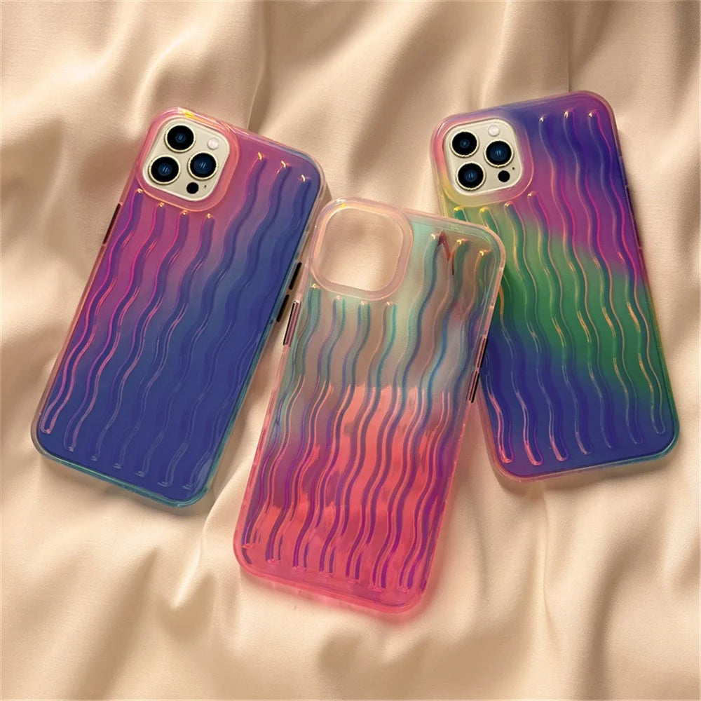 For iPhone 14 Pro Max 6.7 inch Phone Case Wave Texture Gradient Color Shockproof PC + TPU Cover - Gradient Green / Pink / Purple - 7