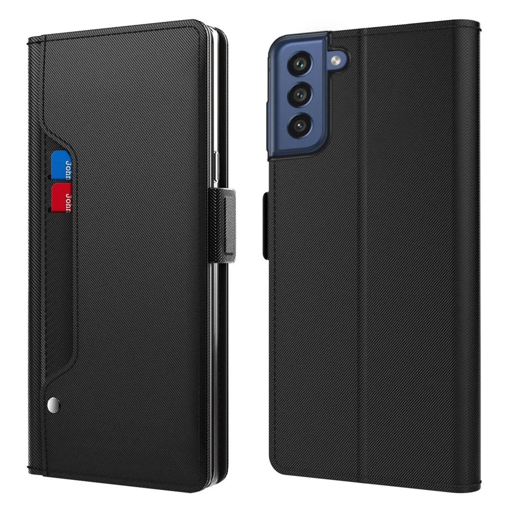 Drop-proof Phone Case For Samsung Galaxy S21 FE 5G, Full Protection Makeup Mirror Magnetic Closure PU Leather +TPU Protective Cover Shell Stand with Card Slots - Black - 1