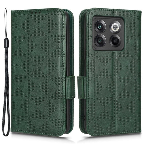 For OnePlus 10T 5G / Ace Pro 5G Triangle Pattern Imprinted Phone Case Foldable Stand Scratch-resistant PU Leather Wallet Cover with Strap - Green - 1