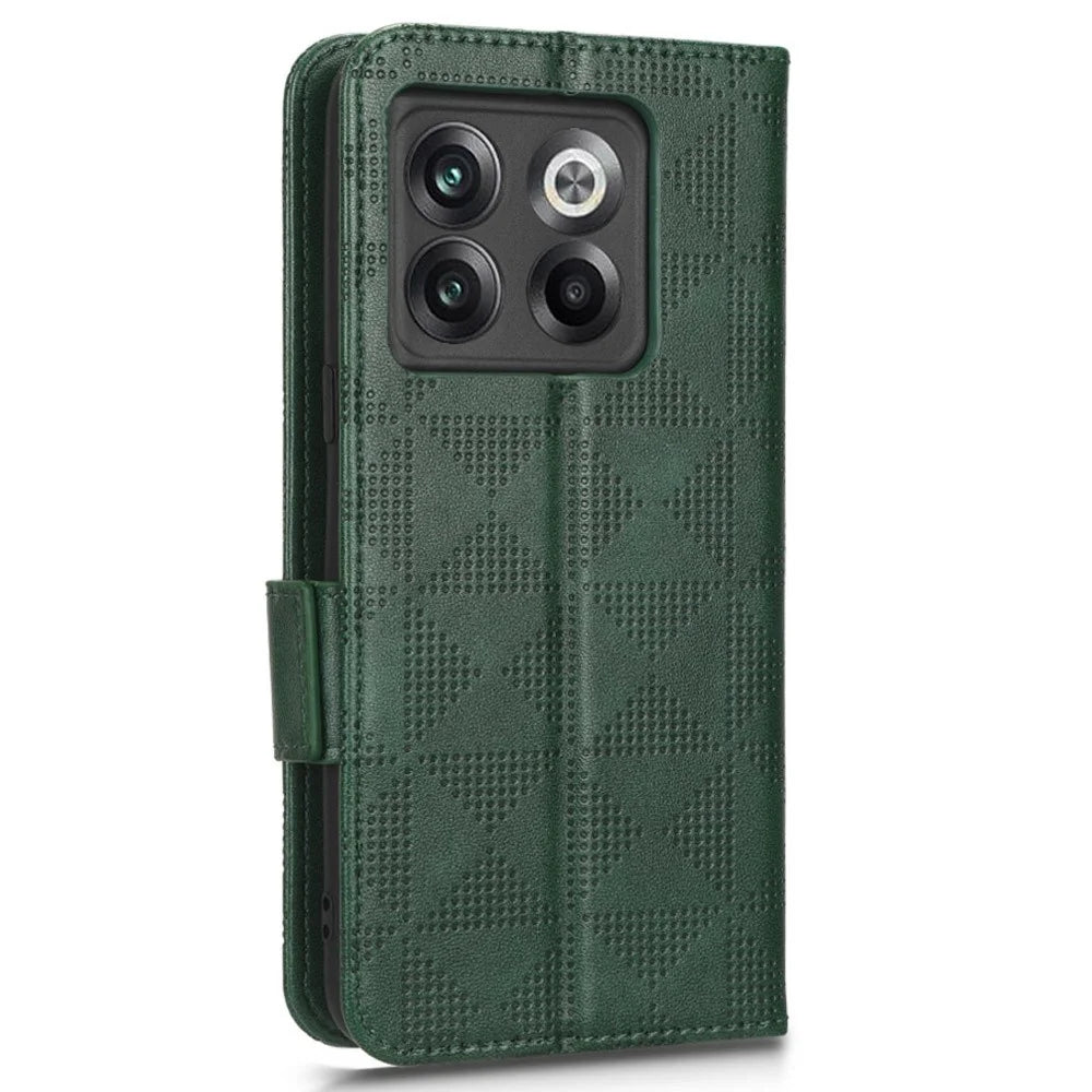 For OnePlus 10T 5G / Ace Pro 5G Triangle Pattern Imprinted Phone Case Foldable Stand Scratch-resistant PU Leather Wallet Cover with Strap - Green - 6