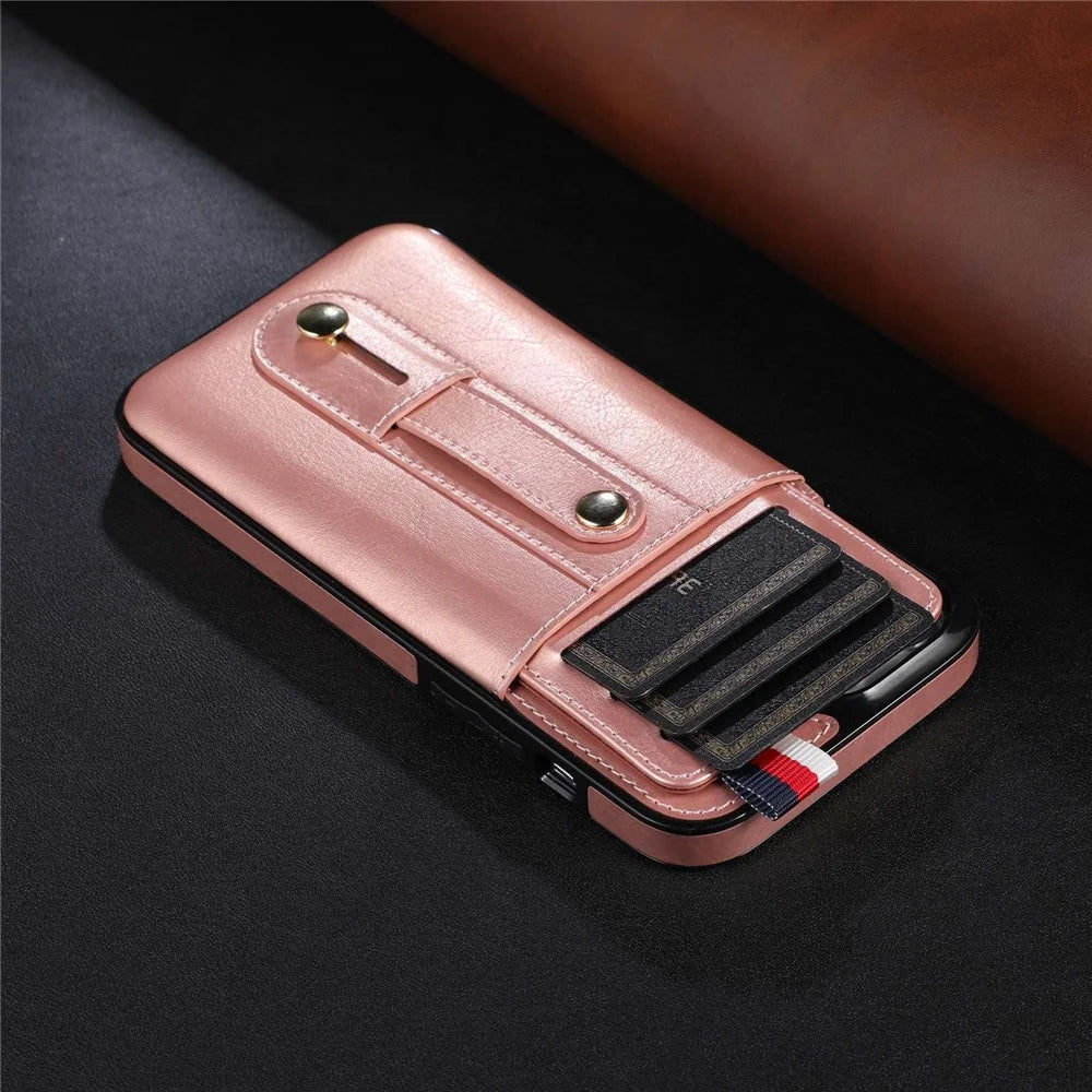For iPhone 13 Pro Max 6.7 inch Handy Grip Strap Phone Case Built-in Card Slot Kickstand PU Leather Coated TPU Phone Cover - Rose Gold - 3