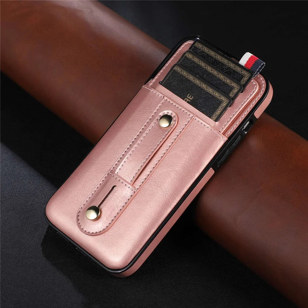 For iPhone 13 Pro Max 6.7 inch Handy Grip Strap Phone Case Built-in Card Slot Kickstand PU Leather Coated TPU Phone Cover - Rose Gold - 5