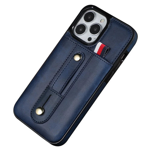 For iPhone 13 Pro 6.1 inch PU Leather Coated TPU Phone Shell Card Slot Grip Strap Kickstand Protective Cover - Blue - 1