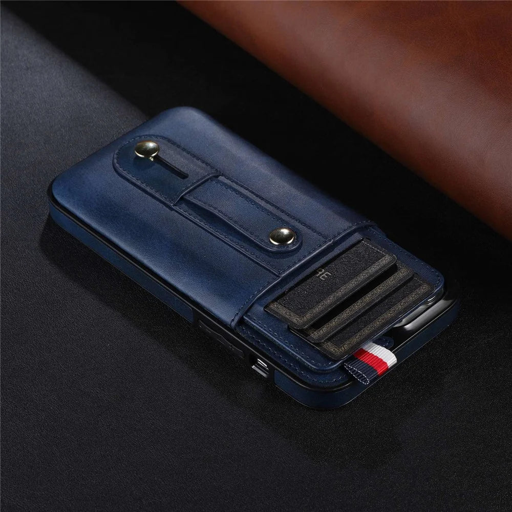 For iPhone 13 Pro 6.1 inch PU Leather Coated TPU Phone Shell Card Slot Grip Strap Kickstand Protective Cover - Blue - 3