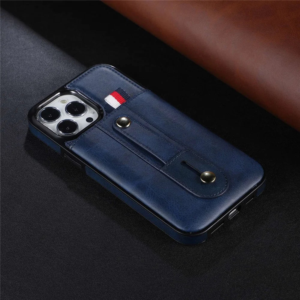 For iPhone 13 Pro 6.1 inch PU Leather Coated TPU Phone Shell Card Slot Grip Strap Kickstand Protective Cover - Blue - 4