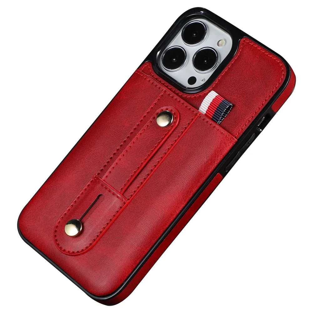 For iPhone 14 6.1 inch Anti-scratch Mobile Phone Shell Card Slot Kickstand Hand Grip Strap Design PU Leather+TPU Case - Red - 1