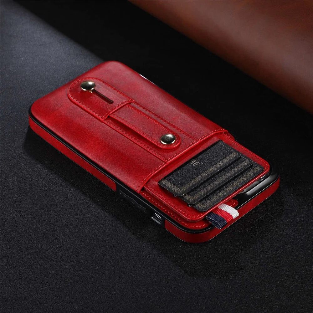 For iPhone 14 6.1 inch Anti-scratch Mobile Phone Shell Card Slot Kickstand Hand Grip Strap Design PU Leather+TPU Case - Red - 3