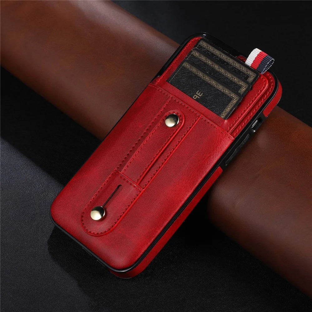 For iPhone 14 6.1 inch Anti-scratch Mobile Phone Shell Card Slot Kickstand Hand Grip Strap Design PU Leather+TPU Case - Red - 5