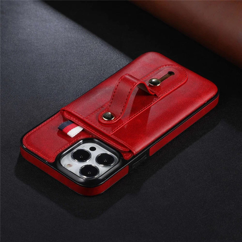 For iPhone 14 6.1 inch Anti-scratch Mobile Phone Shell Card Slot Kickstand Hand Grip Strap Design PU Leather+TPU Case - Red - 6