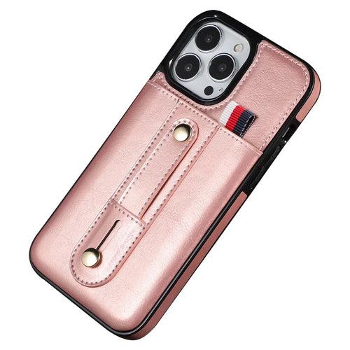 For iPhone 14 Plus Precise Cutout Anti-fall Phone Case Card Slot Kickstand Hand Grip Strap Design PU Leather+TPU Cover - Rose Gold - 1