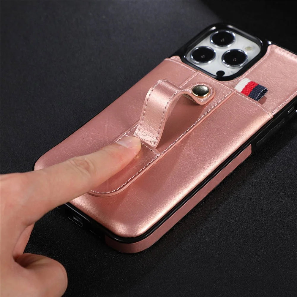 For iPhone 14 Plus Precise Cutout Anti-fall Phone Case Card Slot Kickstand Hand Grip Strap Design PU Leather+TPU Cover - Rose Gold - 2