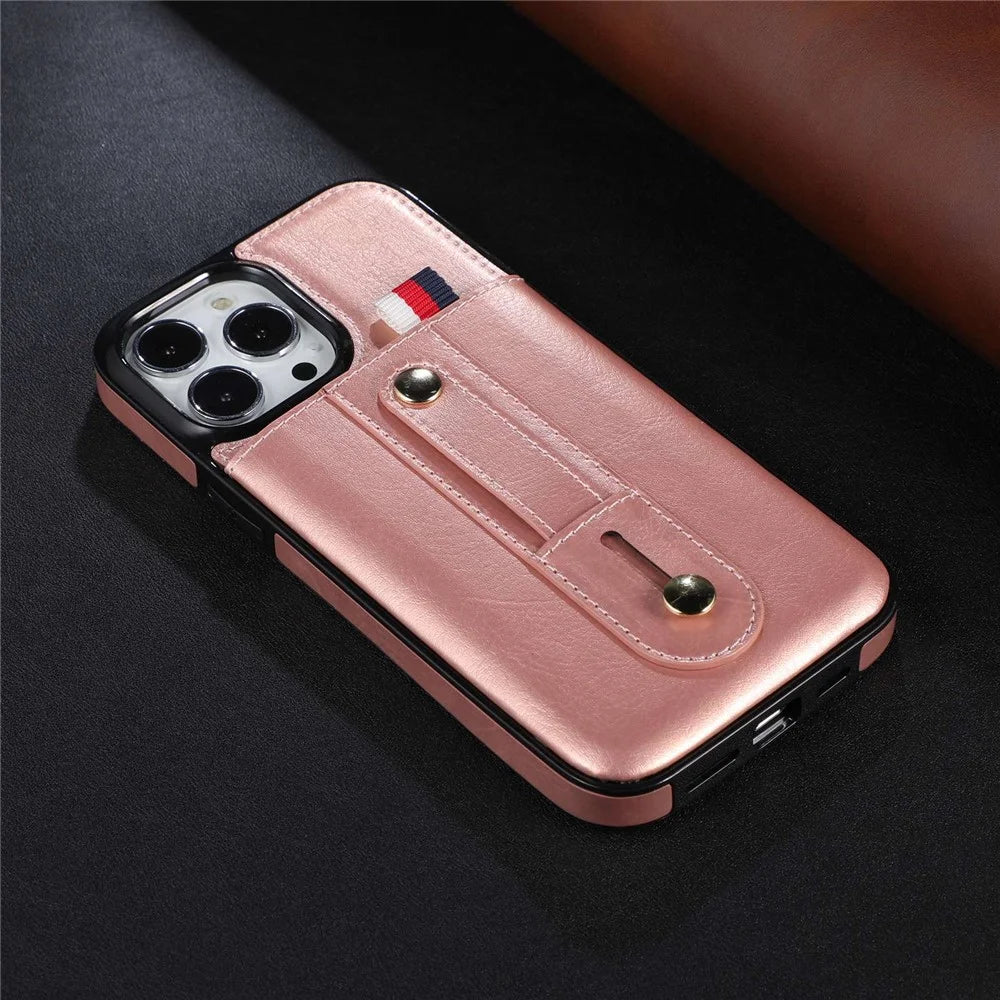 For iPhone 14 Plus Precise Cutout Anti-fall Phone Case Card Slot Kickstand Hand Grip Strap Design PU Leather+TPU Cover - Rose Gold - 4