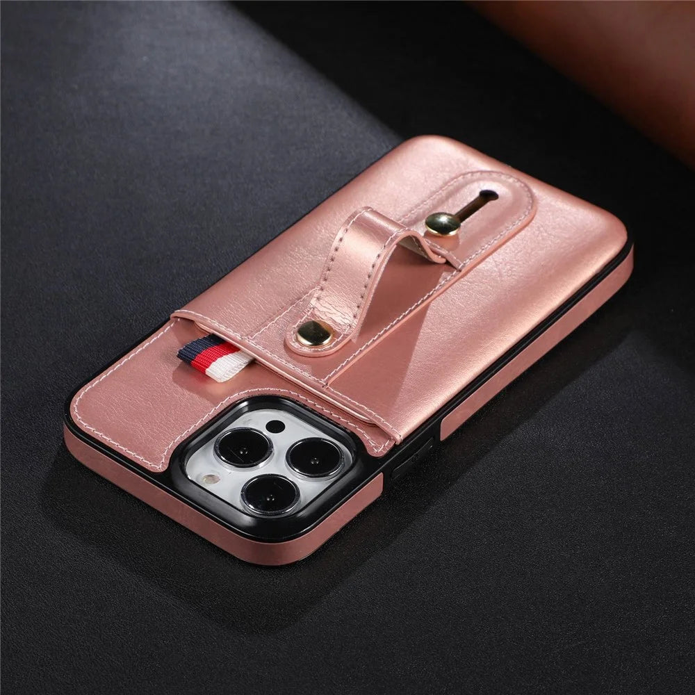 For iPhone 14 Plus Precise Cutout Anti-fall Phone Case Card Slot Kickstand Hand Grip Strap Design PU Leather+TPU Cover - Rose Gold - 6