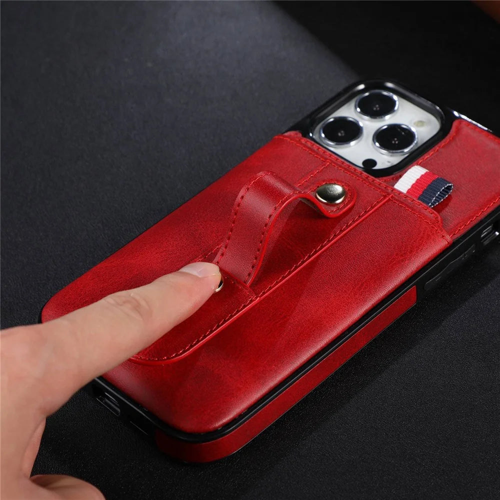 For iPhone 14 Pro 6.1 inch Anti-wear Phone Shell Card Slot Kickstand Hand Grip Strap Design Precise Cutout PU Leather+TPU Case - Red - 2