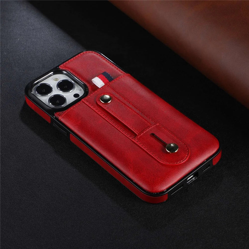 For iPhone 14 Pro 6.1 inch Anti-wear Phone Shell Card Slot Kickstand Hand Grip Strap Design Precise Cutout PU Leather+TPU Case - Red - 4