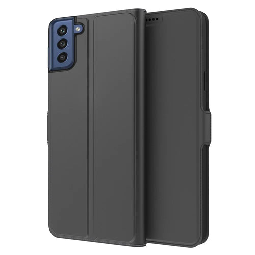 For Samsung Galaxy S21 FE 5G Shockproof Dual Magnetic Clasp Phone Case Stand TPU + PU Leather Ultra Slim Folio Flip Phone Cover - Black - 1