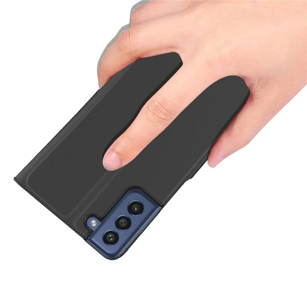 For Samsung Galaxy S21 FE 5G Shockproof Dual Magnetic Clasp Phone Case Stand TPU + PU Leather Ultra Slim Folio Flip Phone Cover - Black - 7